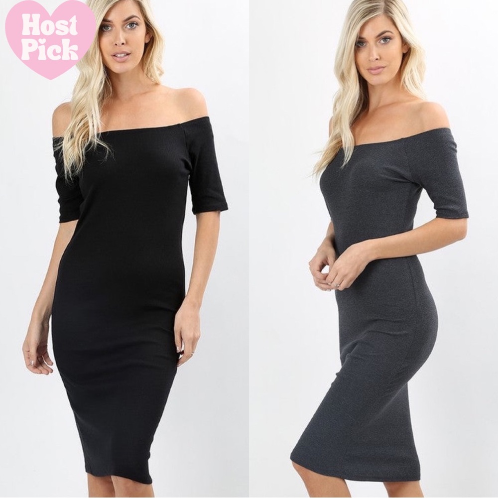 🎉HP🎉 Black Off The Shoulder Midi Dress - Picture 2 of 8